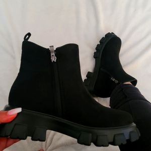 NWT Combat Boot with Rugged Sole in Black Vegan Suede